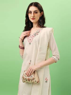 White Women Embroidered Pure Cotton Straight Kurta Pant Dupatta Set 5