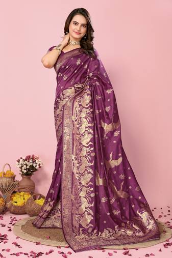 Purple Printed Banarasi silk blend Saree With Blouse
