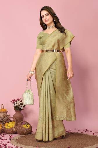 Olive Printed Banarasi silk blend Saree With Blouse