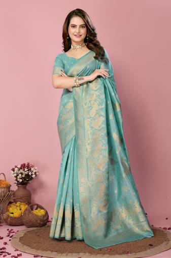 Light Blue Printed Banarasi silk blend Saree With Blouse