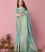 Light Blue Printed Banarasi silk blend Saree With Blouse