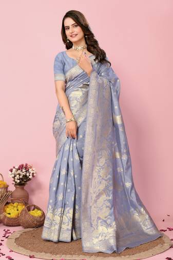 Lavender Printed Banarasi silk blend Saree With Blouse