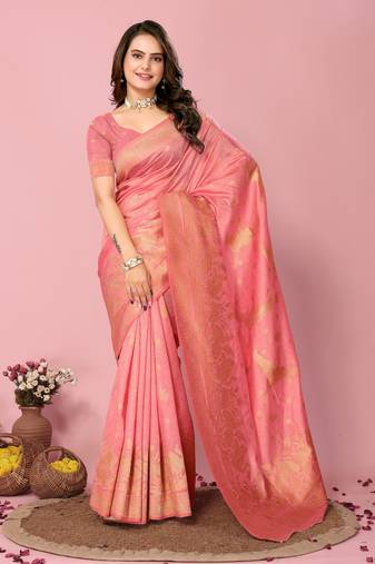 Peach Printed Banarasi silk blend Saree With Blouse