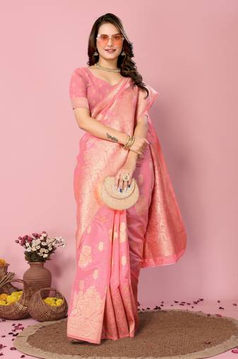 Peach Printed Banarasi silk blend Saree With Blouse