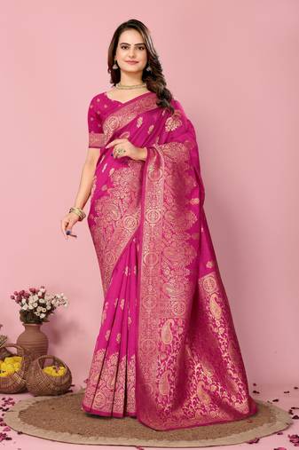Pink Printed Banarasi silk blend Saree With Blouse
