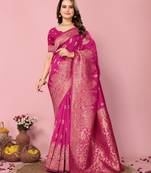 Pink Printed Banarasi silk blend Saree With Blouse