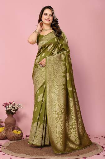 Dark Green Printed Banarasi silk blend Saree With Blouse