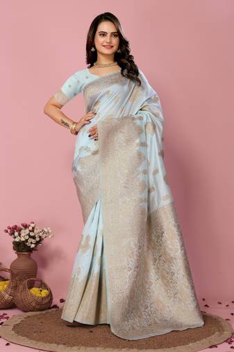 Light Blue Printed Banarasi silk blend Saree With Blouse