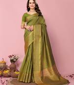 Olive Printed Banarasi silk blend Saree With Blouse