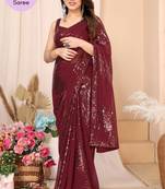 Maroon Embroidered Georgette Ready To Wear Saree With Blouse