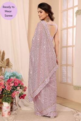 Pink Embroidered Georgette Ready To Wear Saree With Blouse 3