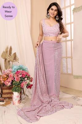 Pink Embroidered Georgette Ready To Wear Saree With Blouse 4