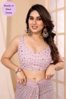Pink Embroidered Georgette Ready To Wear Saree With Blouse 6
