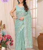 Olive Embroidered Georgette Ready To Wear Saree With Blouse