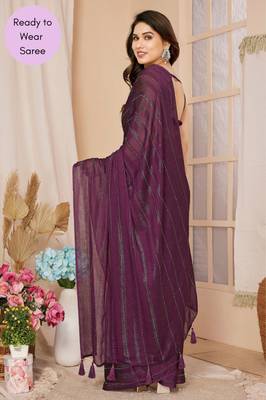 Magenta Embroidered Poly Silk Ready To Wear Saree With Blouse 3