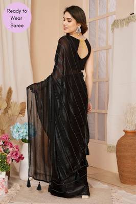 Black Embroidered Poly Silk Ready To Wear Saree With Blouse 4