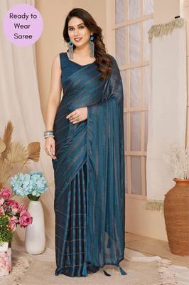 Blue Embroidered Poly Silk Ready To Wear Saree With Blouse 1