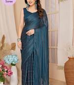 Blue Embroidered Poly Silk Ready To Wear Saree With Blouse
