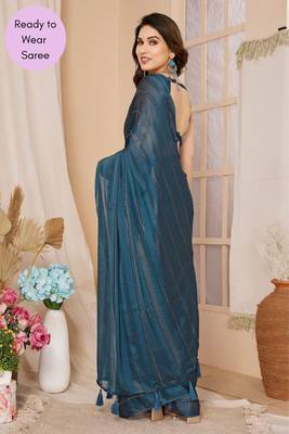 Blue Embroidered Poly Silk Ready To Wear Saree With Blouse 3