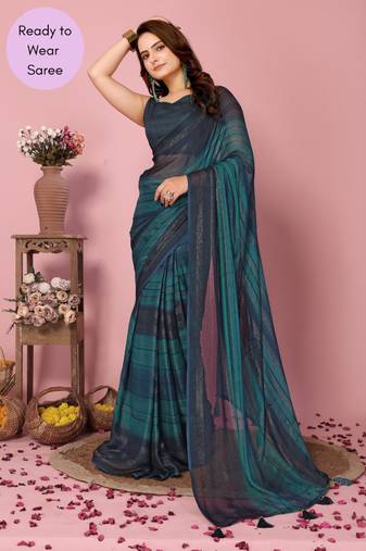 Blue Printed Poly Silk Ready To Wear Saree With Blouse