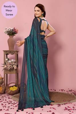 Blue Printed Poly Silk Ready To Wear Saree With Blouse 3