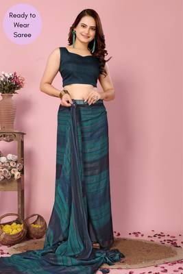 Blue Printed Poly Silk Ready To Wear Saree With Blouse 4
