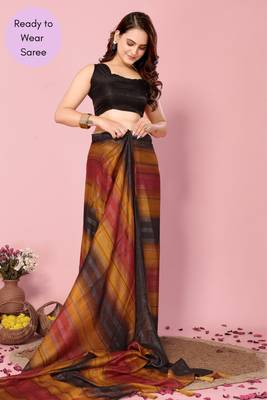 Mustard Printed Poly Silk Ready To Wear Saree With Blouse 5