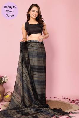 Black Printed Poly Silk Ready To Wear Saree With Blouse 4
