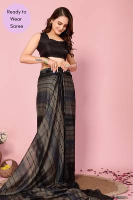 Black Printed Poly Silk Ready To Wear Saree With Blouse 5