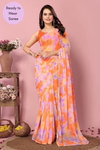 Orange Printed Georgette Ready To Wear Saree With Blouse