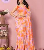 Orange Printed Georgette Ready To Wear Saree With Blouse