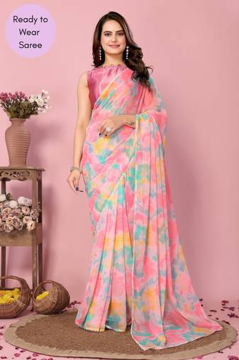 Pink Printed Georgette Ready To Wear Saree With Blouse