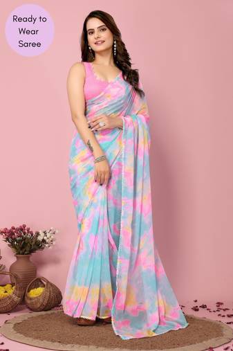Blue Printed Georgette Ready To Wear Saree With Blouse