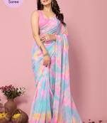 Blue Printed Georgette Ready To Wear Saree With Blouse