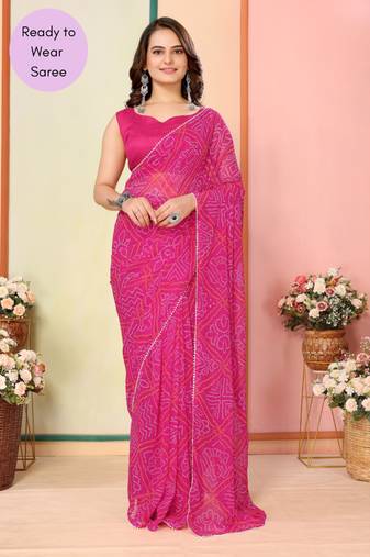 Pink Printed Georgette Ready To Wear Saree With Blouse