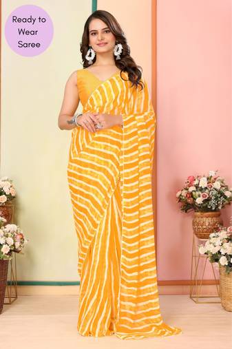 Yellow Printed Georgette Ready To Wear Saree With Blouse