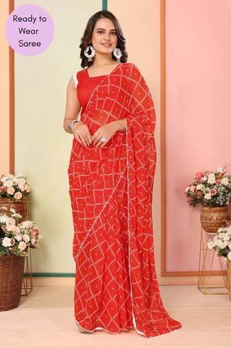 Red Printed Georgette Ready To Wear Saree With Blouse