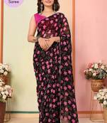 Black Printed Georgette Ready To Wear Saree With Blouse