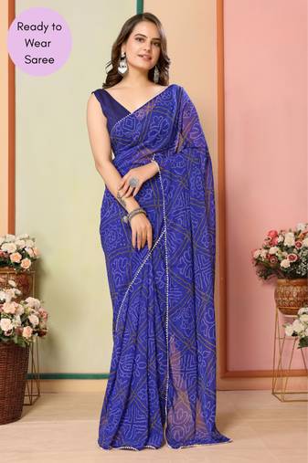 Blue Printed Georgette Ready To Wear Saree With Blouse