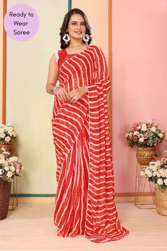 Red Printed Georgette Ready To Wear Saree With Blouse