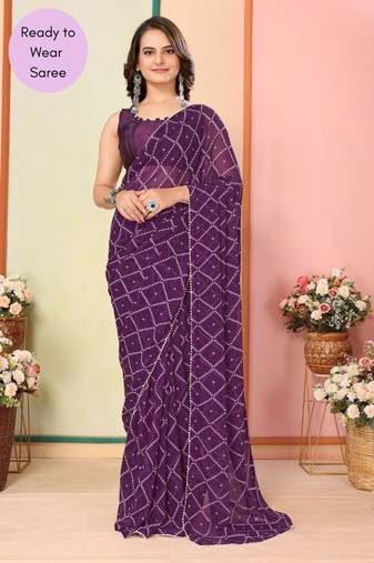 Purple Printed Georgette Ready To Wear Saree With Blouse