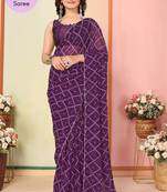 Purple Printed Georgette Ready To Wear Saree With Blouse