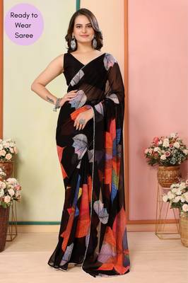 Black Printed Georgette Ready To Wear Saree With Blouse 1