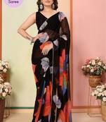 Black Printed Georgette Ready To Wear Saree With Blouse