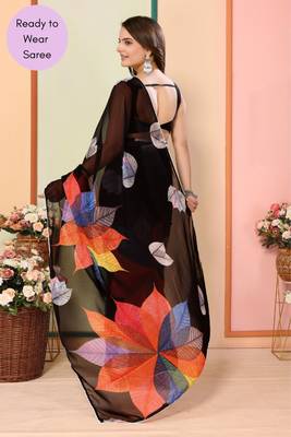 Black Printed Georgette Ready To Wear Saree With Blouse 3