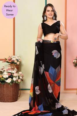 Black Printed Georgette Ready To Wear Saree With Blouse 4