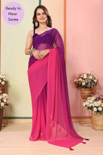 Purple Printed Georgette Ready To Wear Saree With Blouse