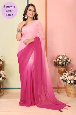 Light Baby Pink Printed Georgette Ready To Wear Saree With Blouse 1