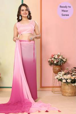 Light Baby Pink Printed Georgette Ready To Wear Saree With Blouse 4
