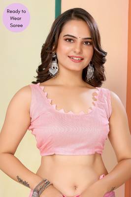 Light Baby Pink Printed Georgette Ready To Wear Saree With Blouse 6